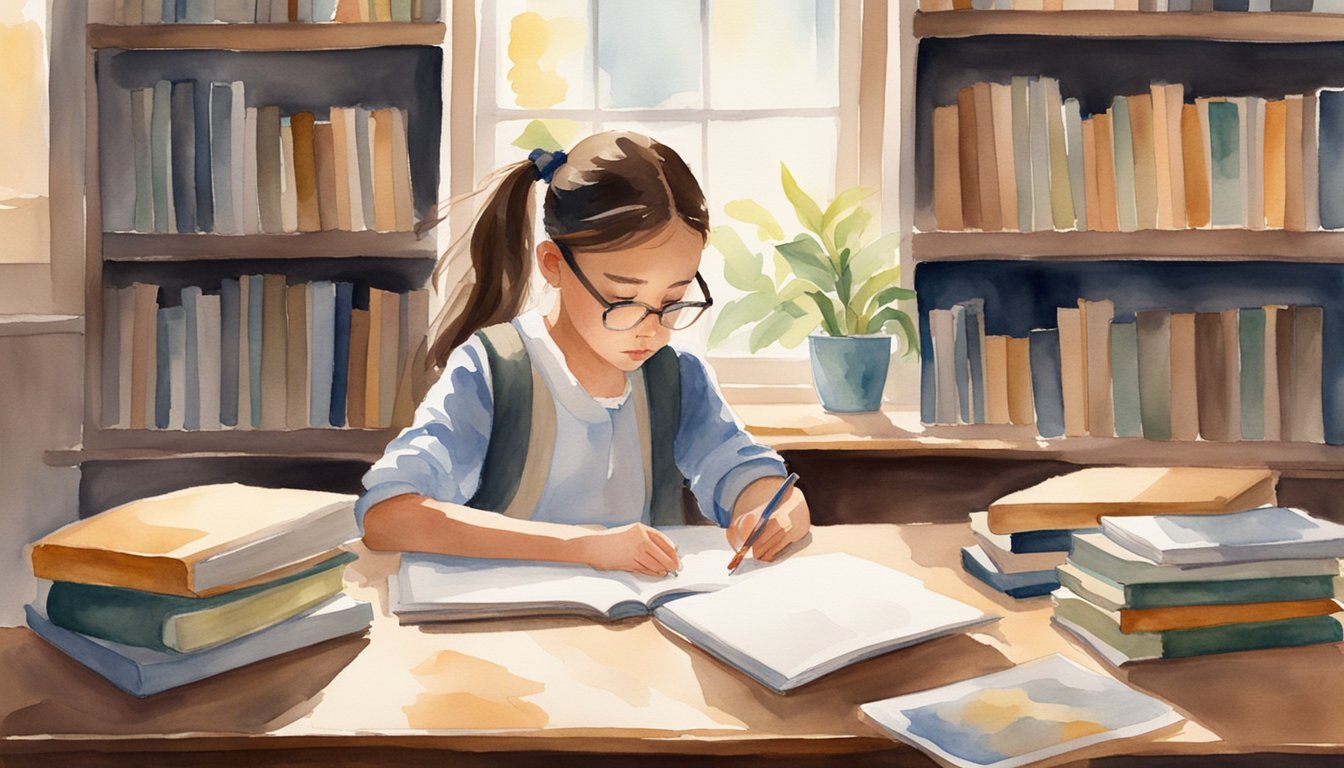 A young girl studying diligently at a desk, surrounded by books and educational materials. The room is filled with natural light, creating a warm and inviting atmosphere