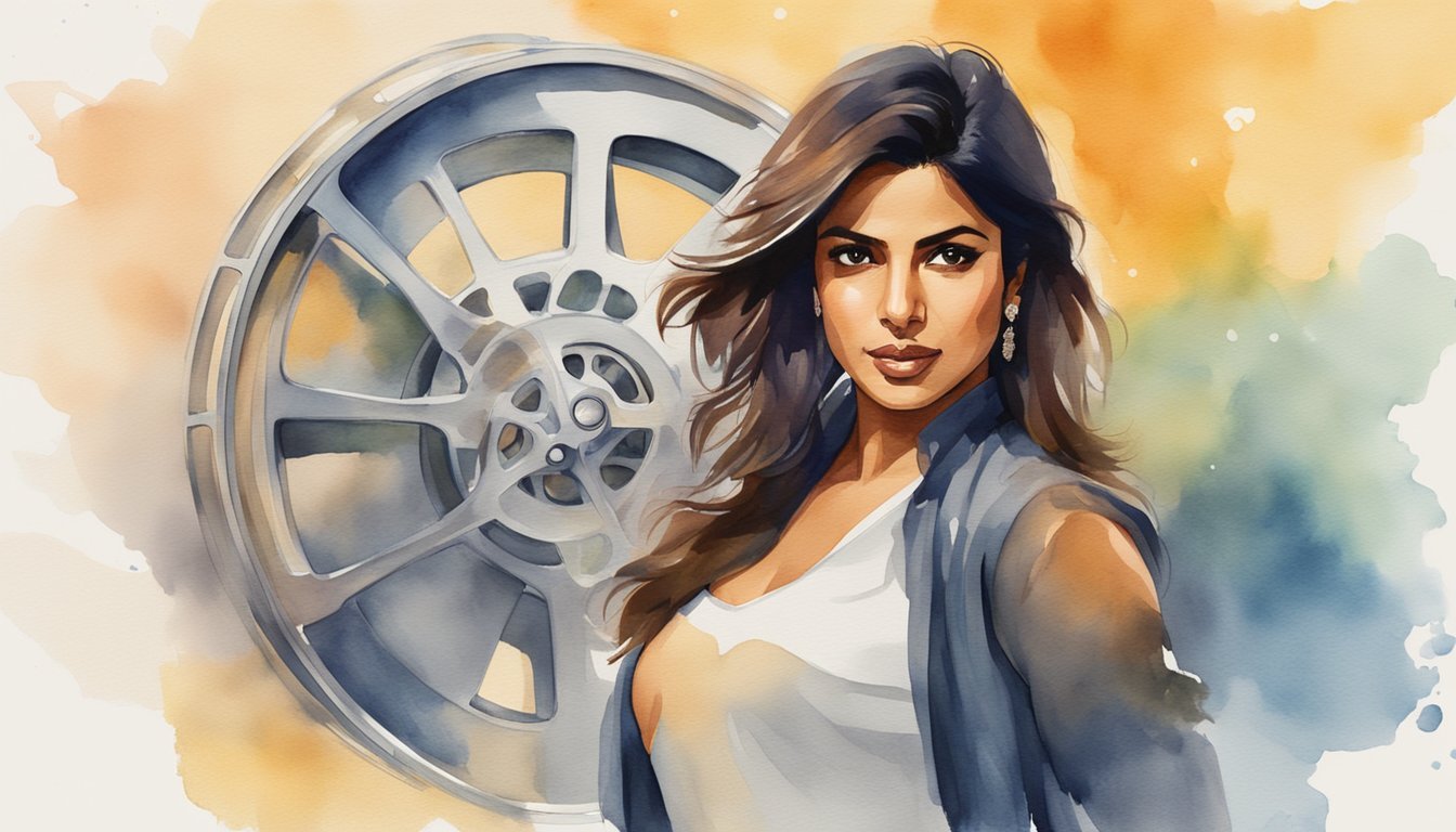 Priyanka Chopra's rise depicted through a dynamic film reel, spotlighting her diverse roles and global impact