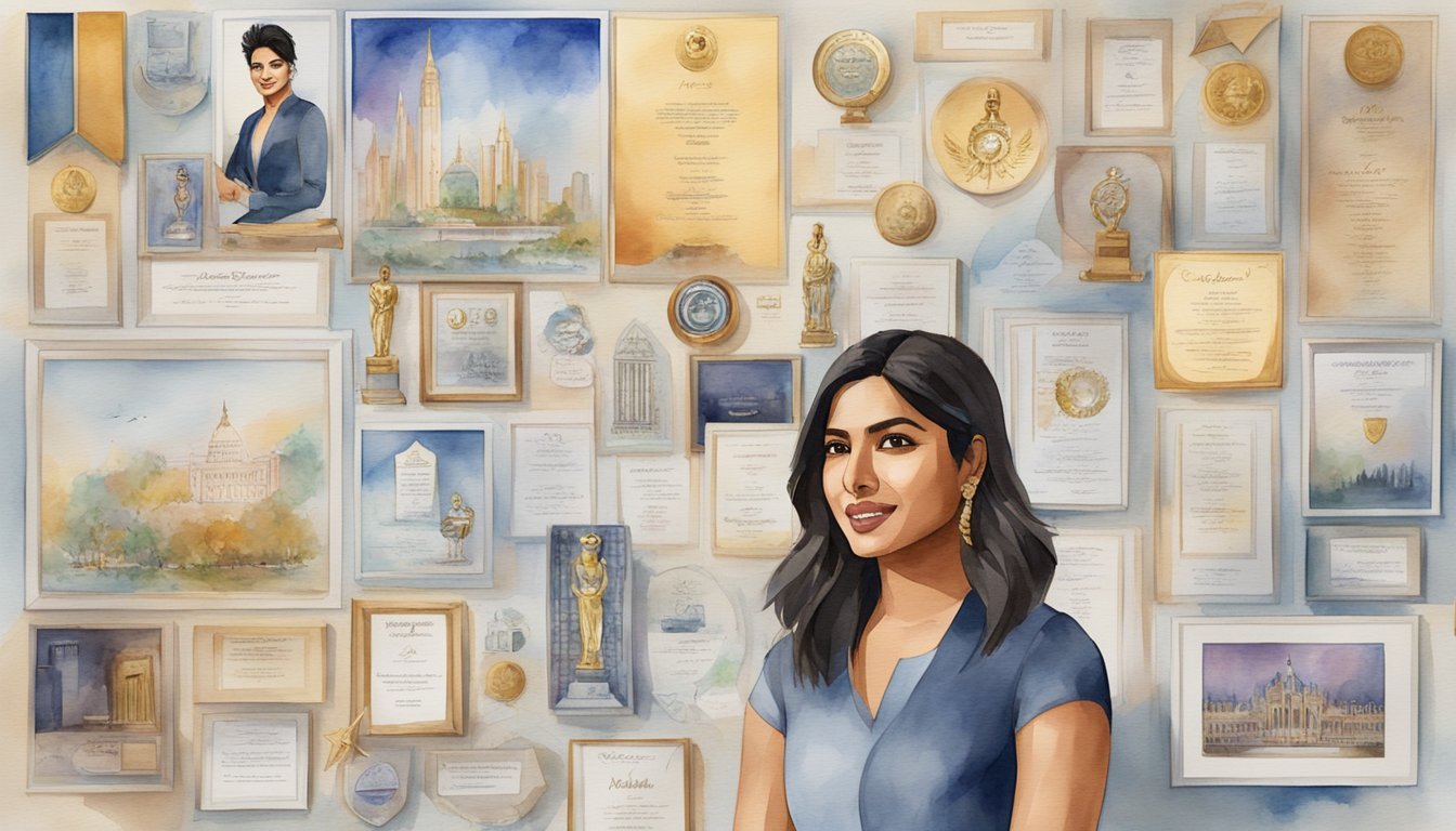 Priyanka Chopra's awards and accolades displayed on a wall, surrounded by photos of her career milestones and achievements