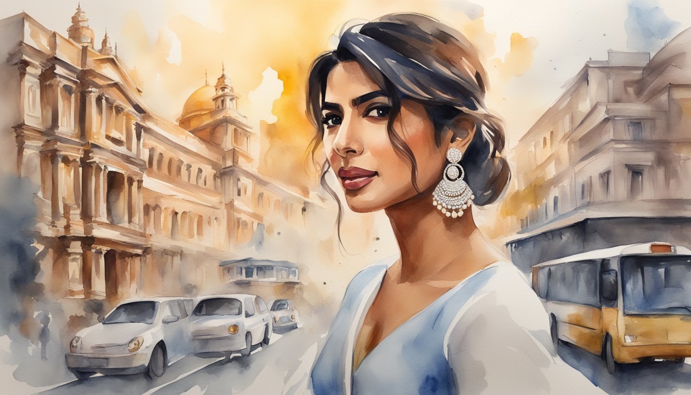 Priyanka Chopra's journey depicted through a series of global landmarks and symbols, showcasing her diverse career and cultural impact