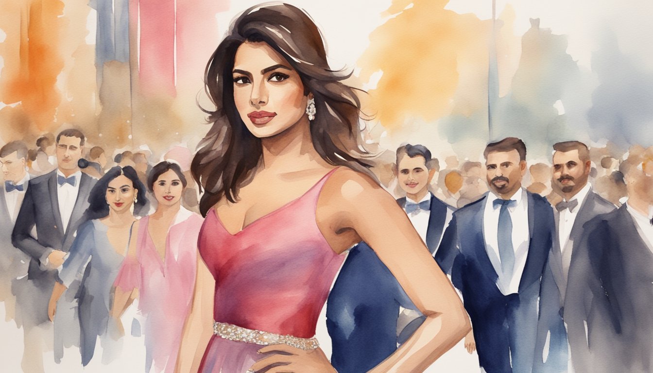 Priyanka Chopra's image: red carpet, flashing cameras, elegant attire, confident posture, surrounded by admirers, poised and influential