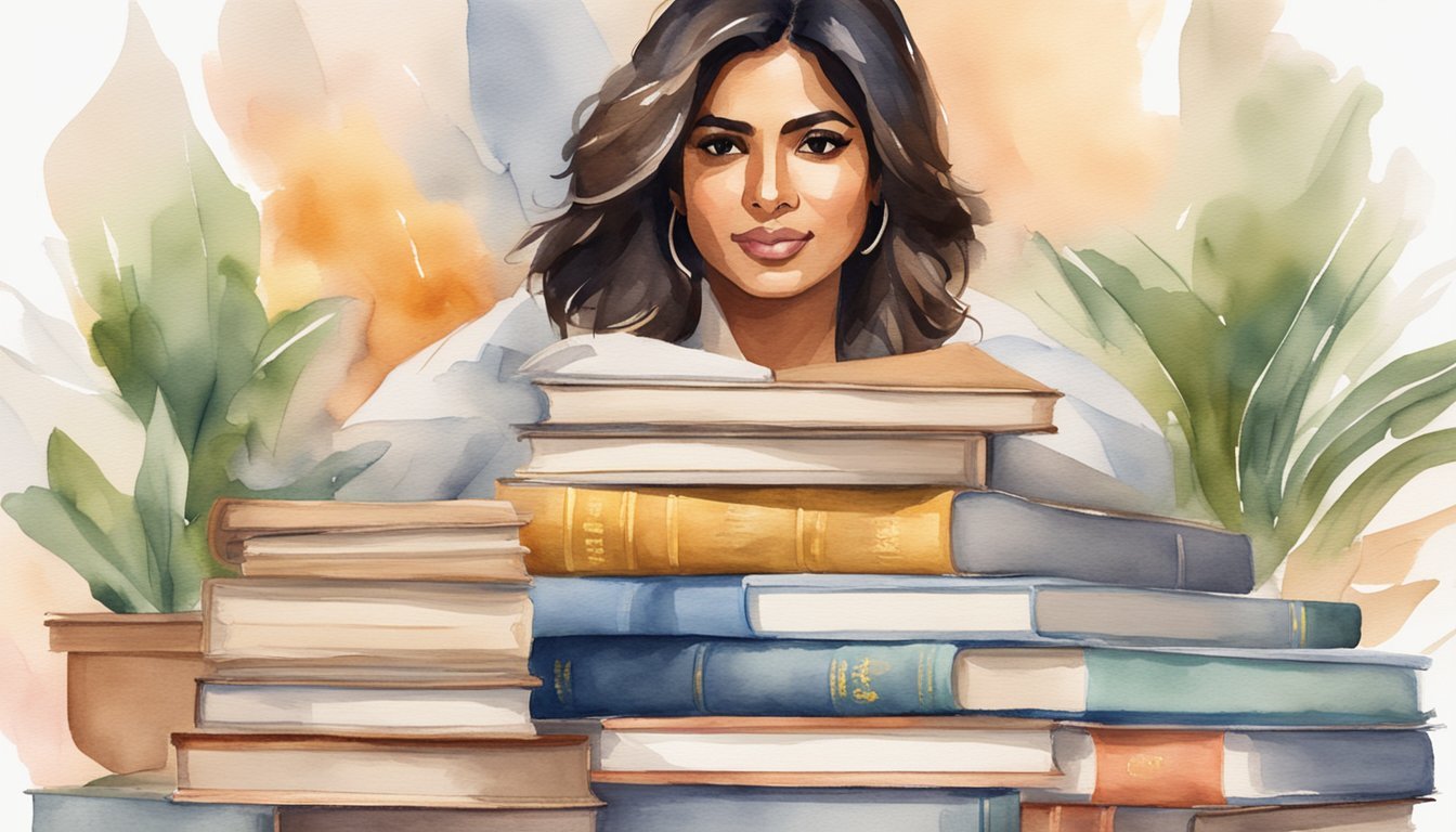 A stack of books with "Legacy and Influence Biography of Priyanka Chopra" on the cover, surrounded by awards and accolades