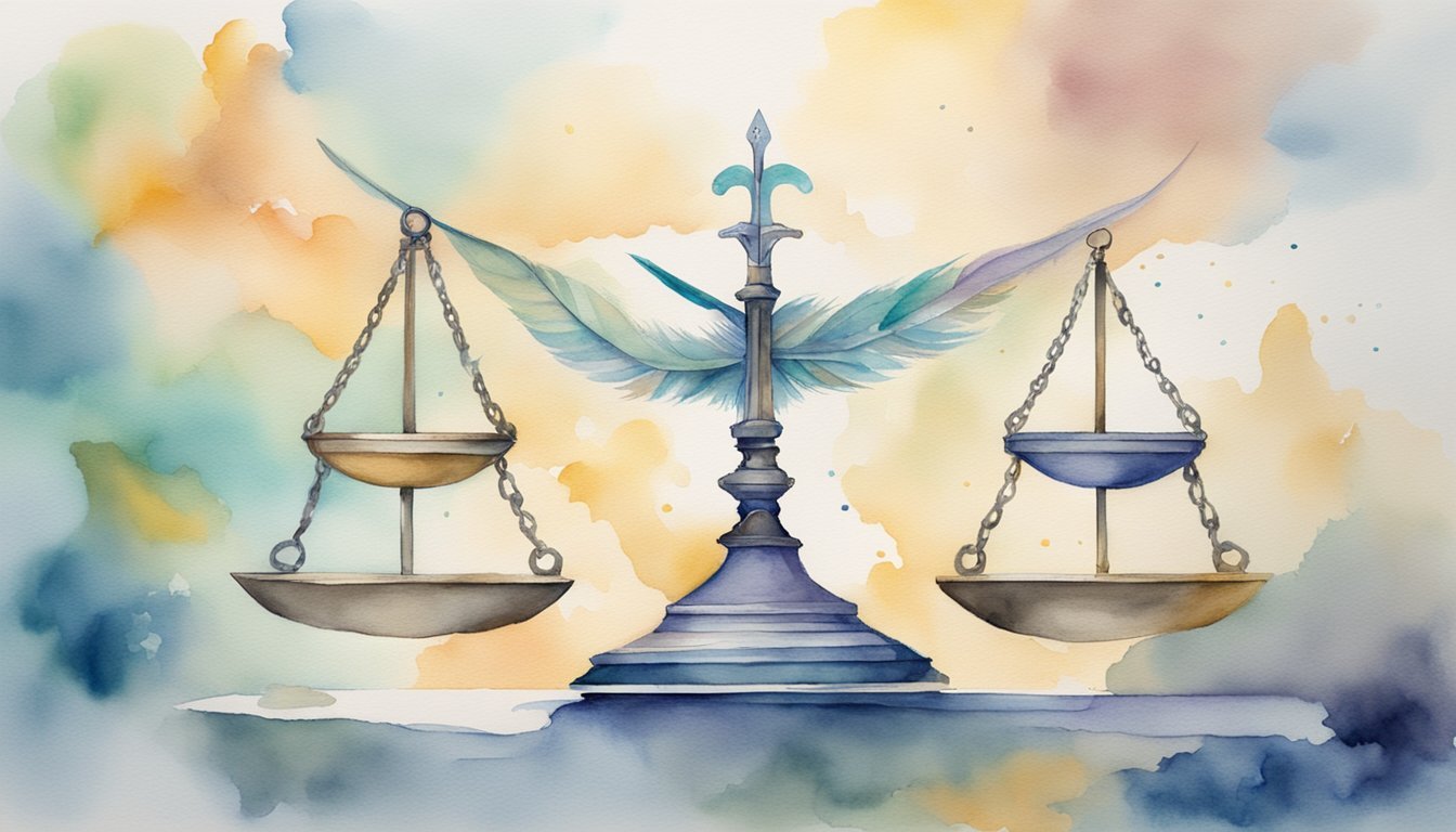 A scale with a sword and a feather on each side, surrounded by 26 justice quotes floating in the air