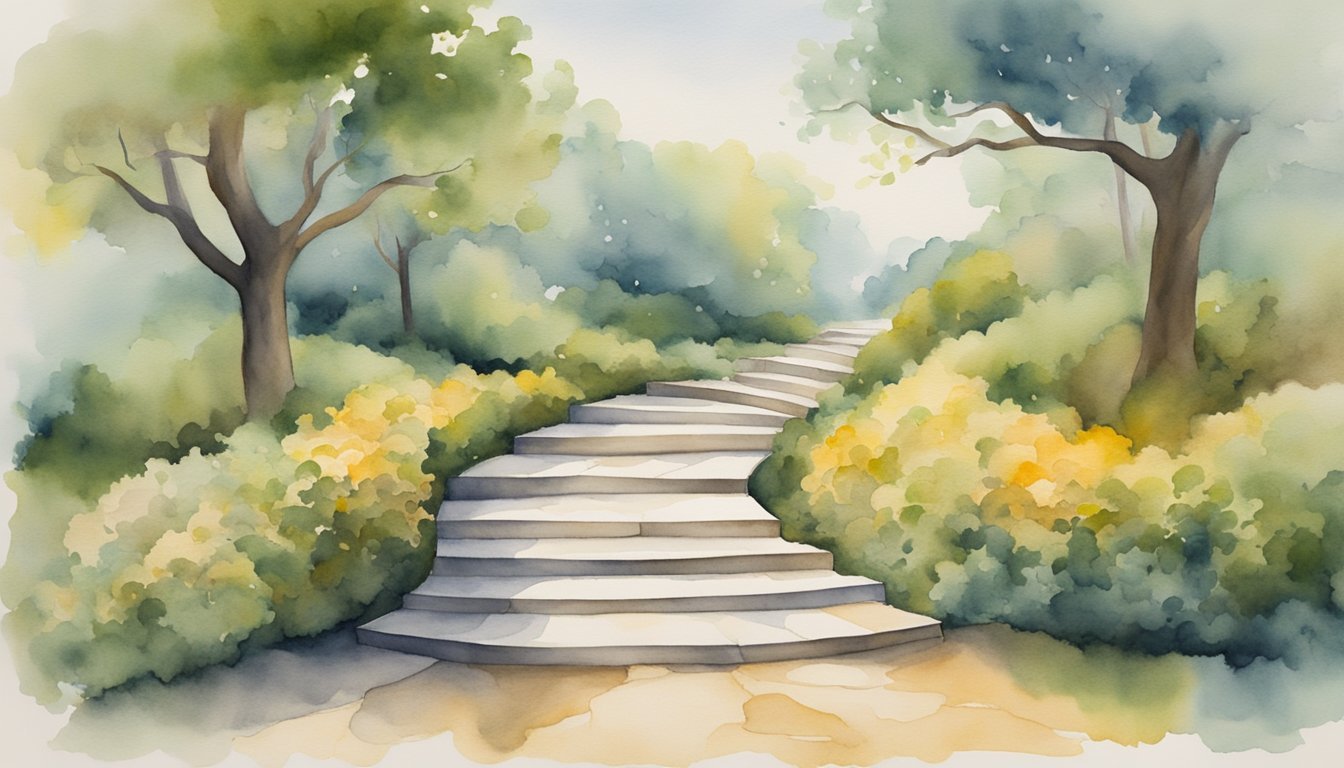 A winding path leads towards a balanced scale, symbolizing the long arc of justice