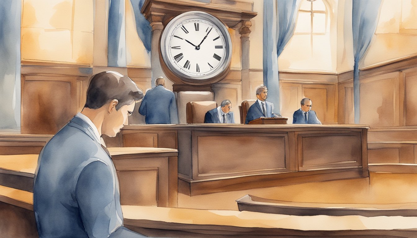 A courtroom with a clock showing time passing, scales of justice tilted, and a person waiting for their case to be heard