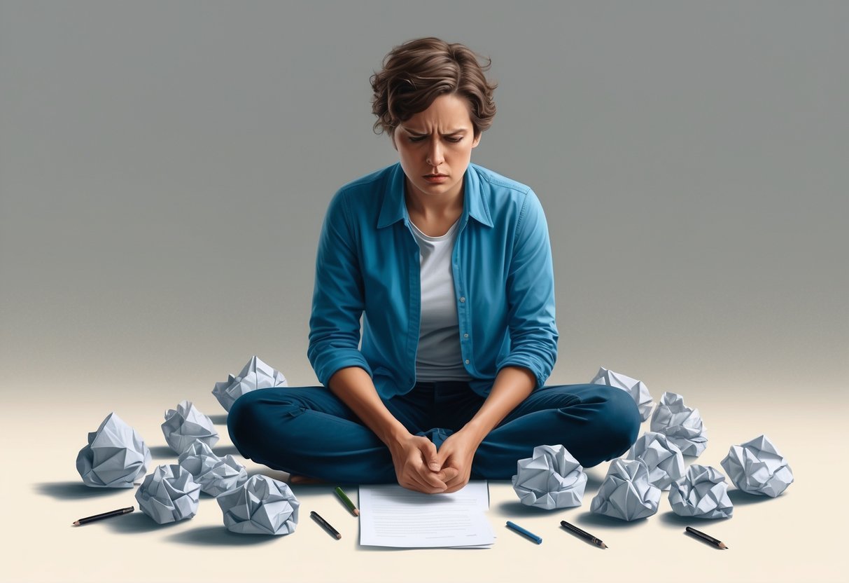 A person sitting alone, surrounded by crumpled paper and pens, with a look of frustration and determination on their face