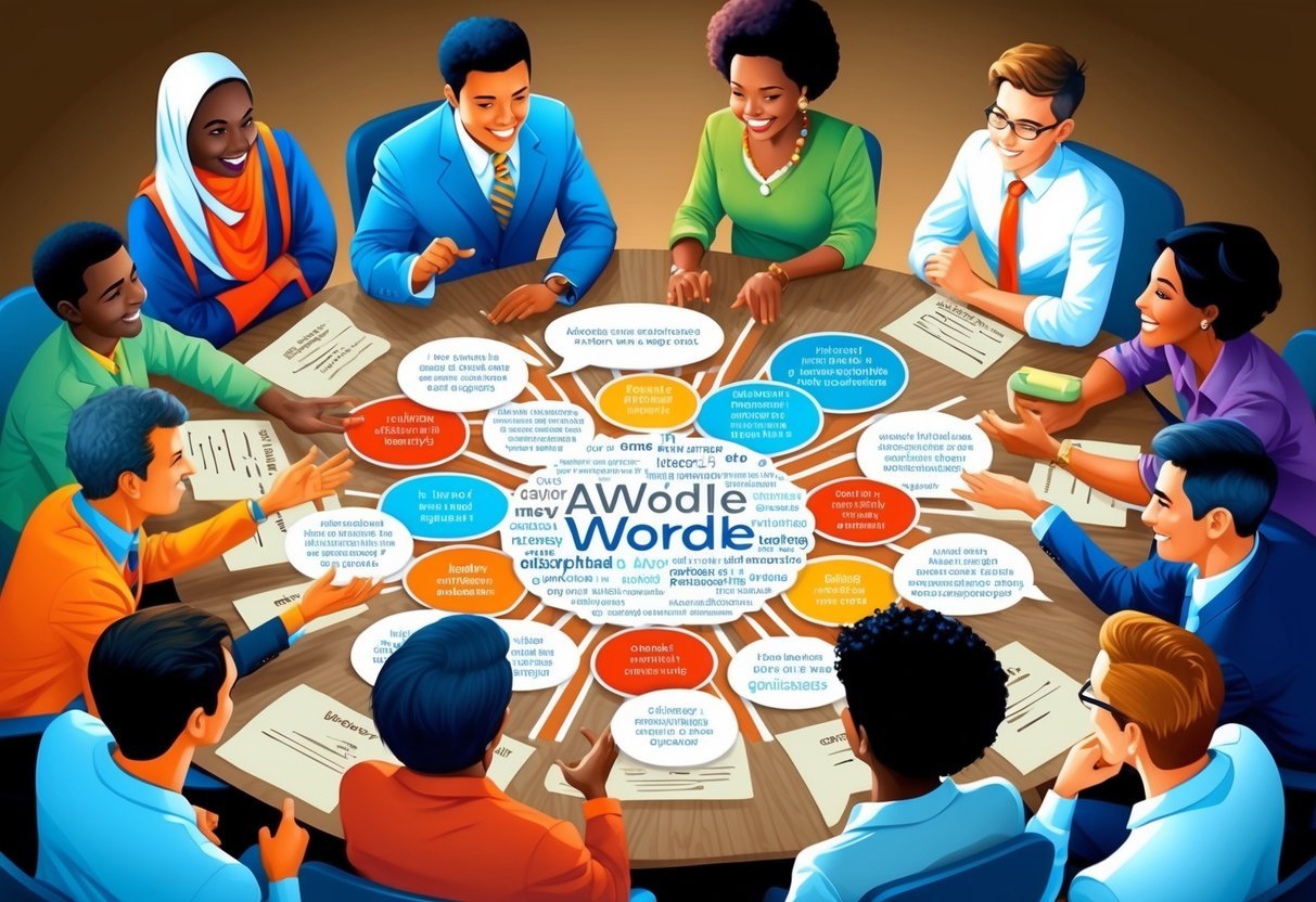 A diverse group of people from different cultural backgrounds gather around a Wordle board, engaging in lively discussions and sharing their unique perspectives