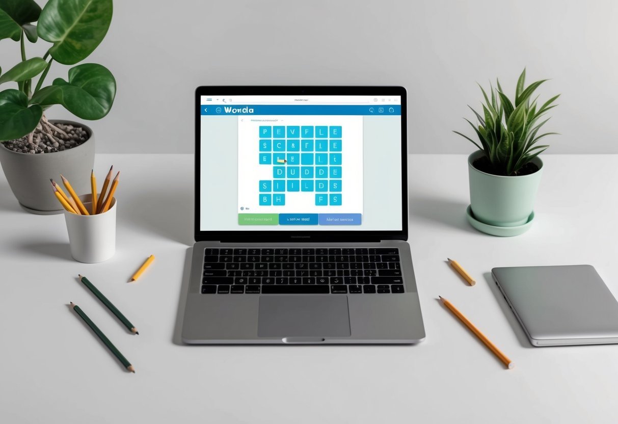 A minimalist desk with a laptop open to a Wordle game, surrounded by a few scattered pencils and a potted plant