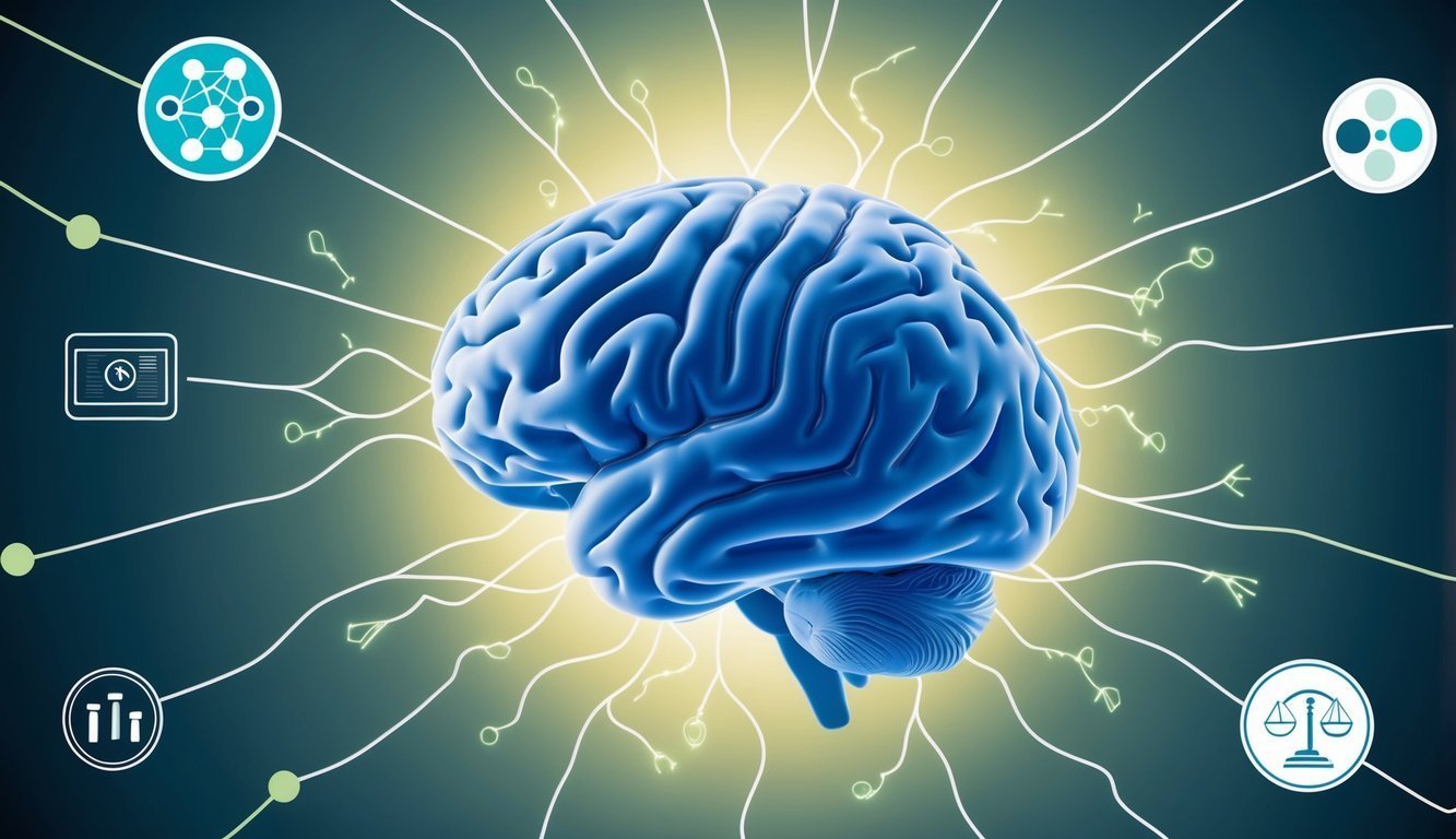 A brain surrounded by interconnected neural pathways and synapses, with various symbols representing different cognitive learning theories hovering around it