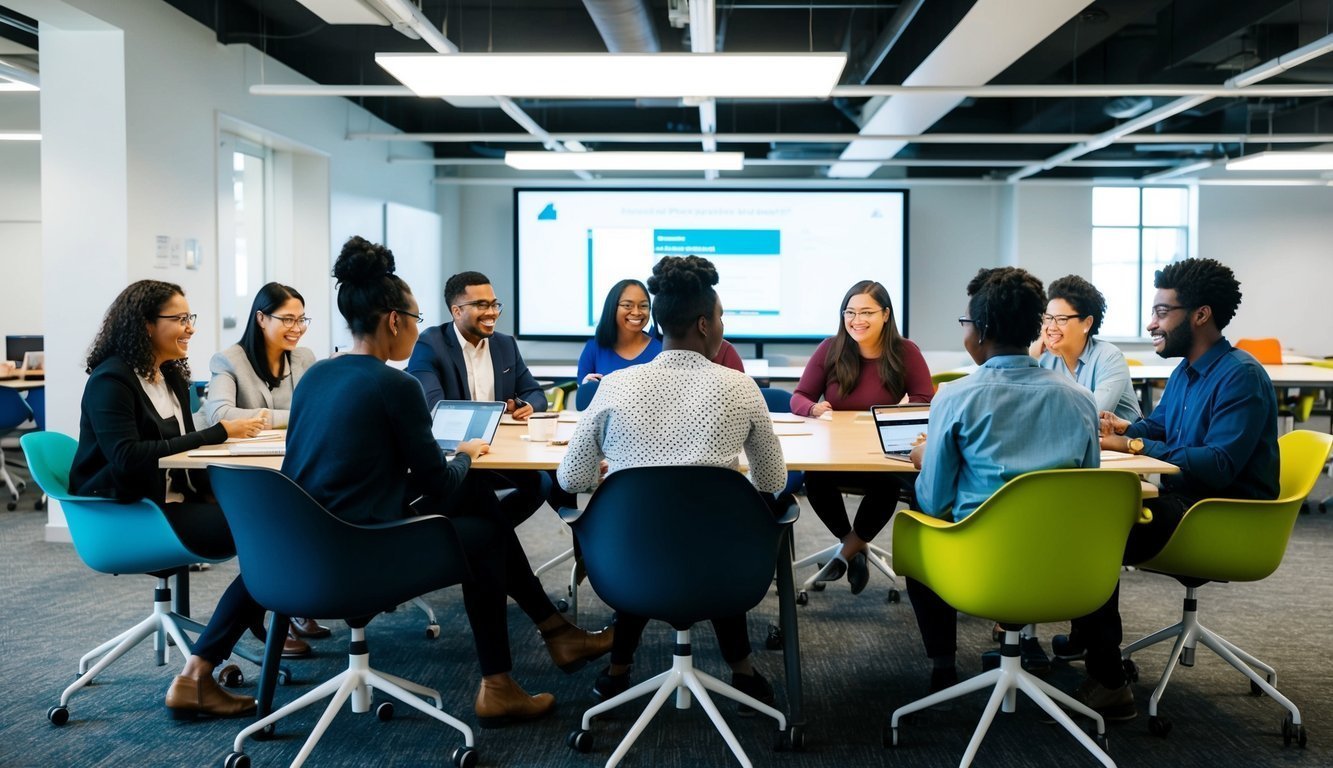 A group of diverse individuals engage in collaborative problem-solving and knowledge sharing in a modern, open-concept learning environment