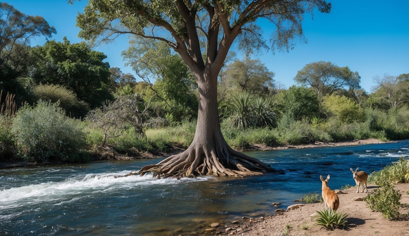 A tree with roots reaching into a flowing river, surrounded by diverse plants and animals, under a clear blue sky