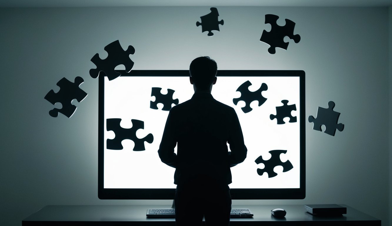 A person's silhouette standing in front of a computer screen surrounded by floating puzzle pieces and a lock symbol