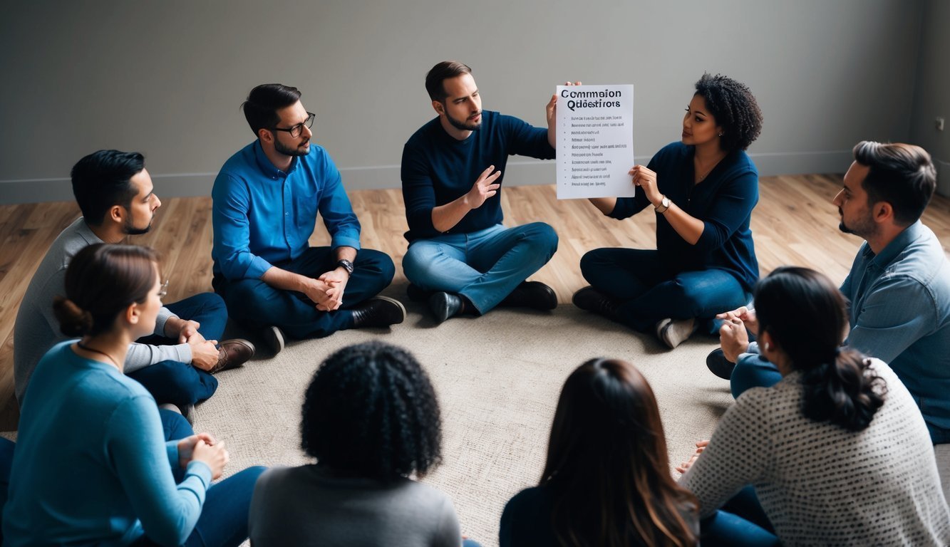 A group of people sitting in a circle, discussing mental health.</p><p>One person is holding up a list of common questions about mental disorders