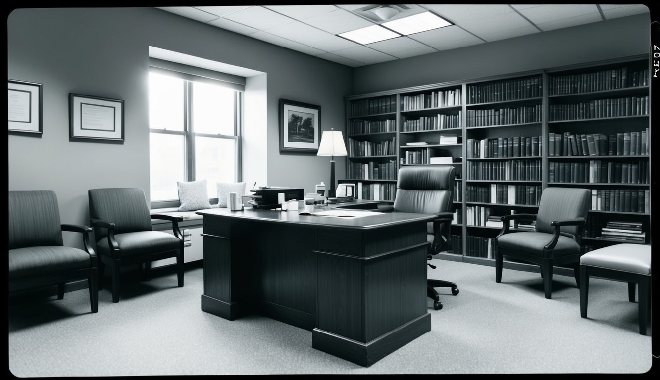 A psychiatrist's office with a desk and chair, bookshelves filled with medical books, and a comfortable seating area for patients