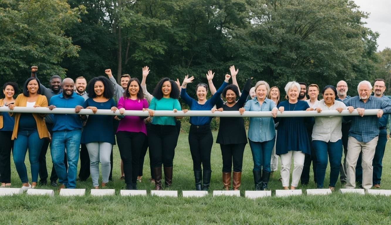 A diverse group of people standing together, breaking through a barrier symbolizing the mental health stigma