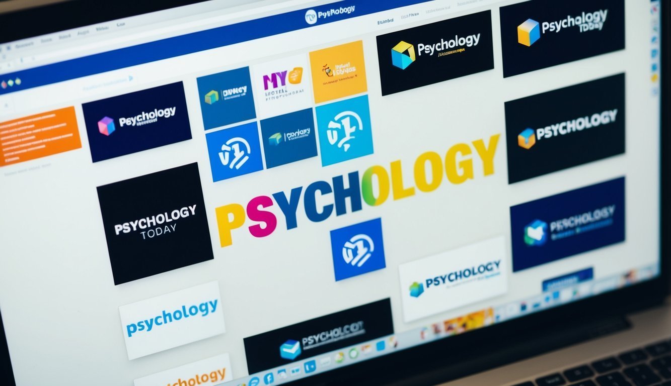 A computer screen displaying 15 psychology website logos arranged in a grid with Psychology Today logo at the top