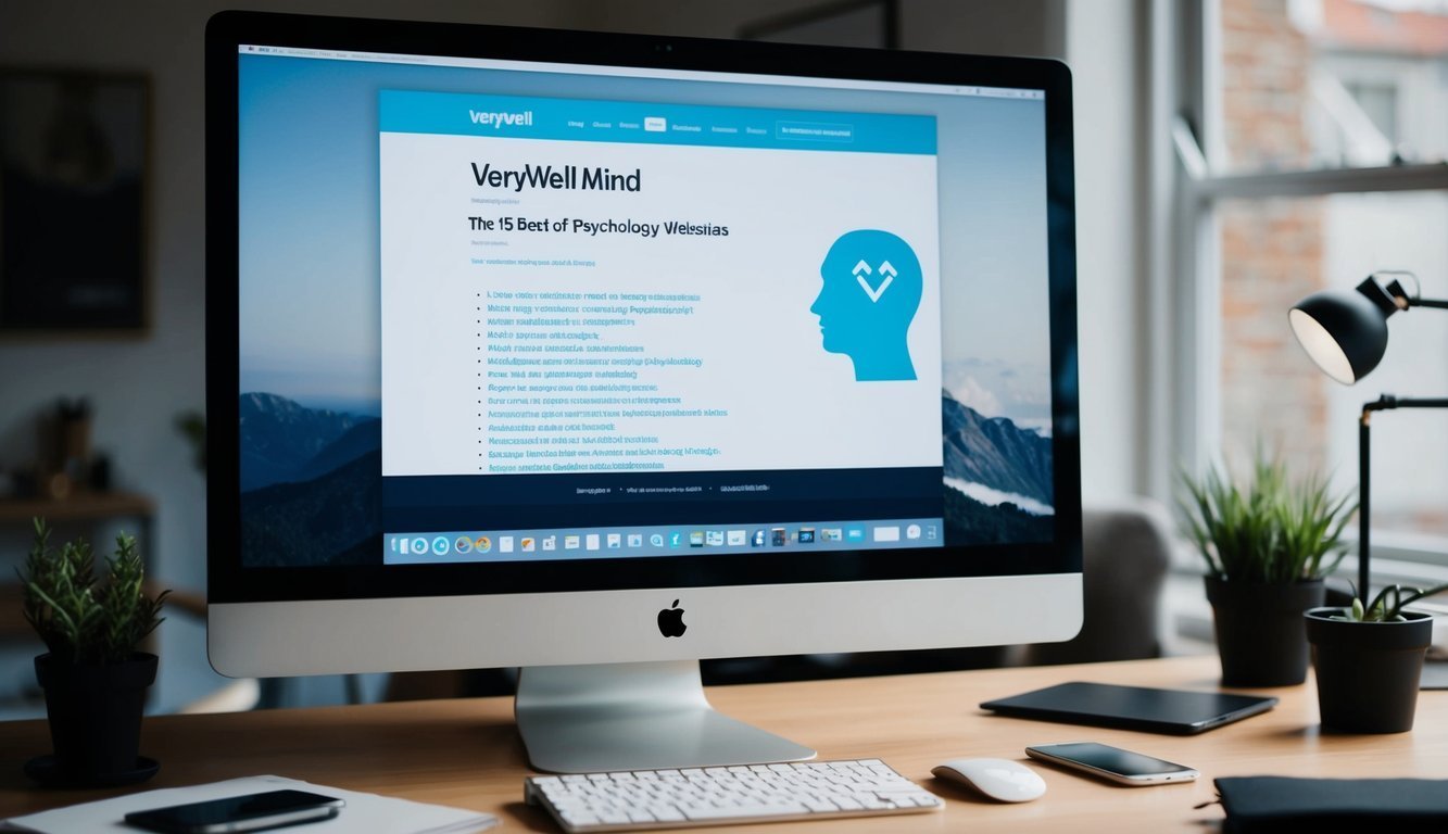 A computer screen displaying the Verywell Mind website with a list of the 15 best psychology websites