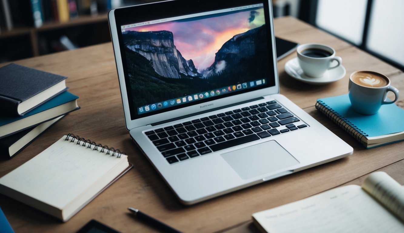 A laptop surrounded by books and a notepad, with a cup of coffee nearby