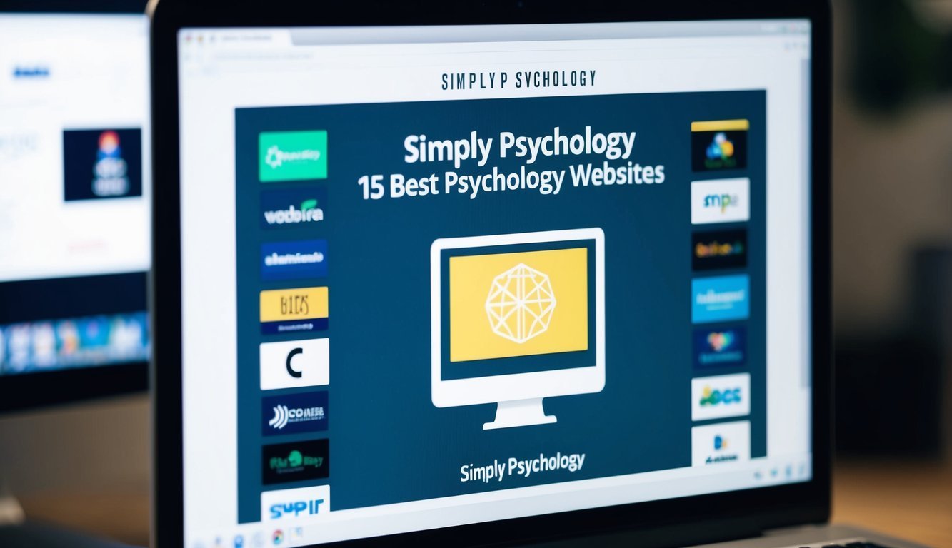 A computer screen displaying the "Simply Psychology 15 best psychology websites" with various website logos and graphics