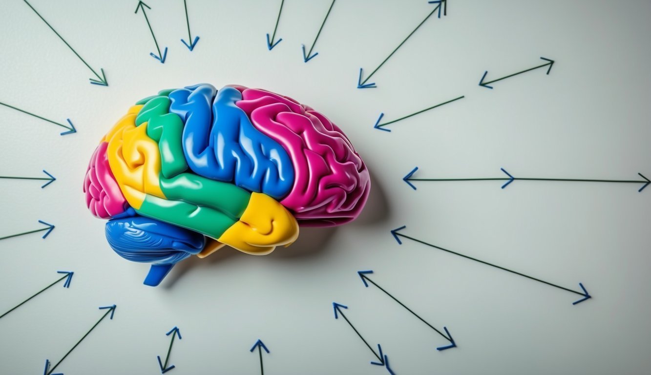 A colorful brain surrounded by arrows and connections, representing the interplay of behavioral and learning theories in psychology