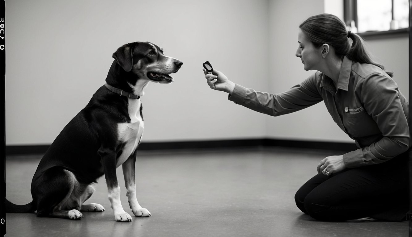 A dog sitting and attentively watching a trainer use a clicker to reinforce a behavior