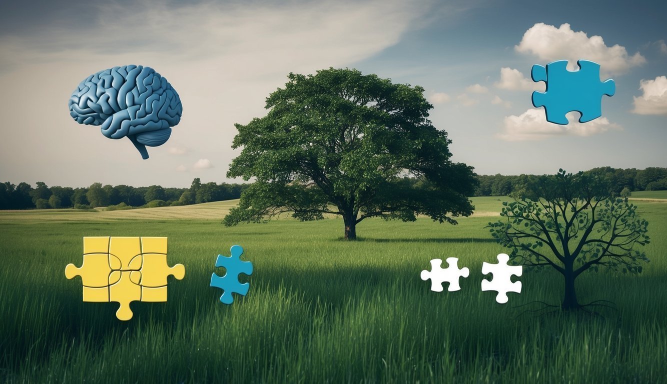 A serene landscape with diverse natural elements and symbols of psychology, such as a brain, puzzle pieces, and a tree of knowledge