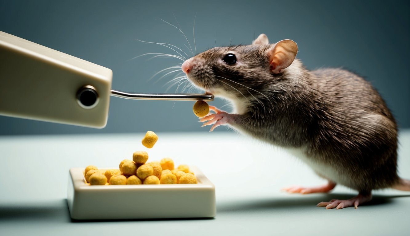 A lab rat presses a lever, receiving a food pellet as a reward