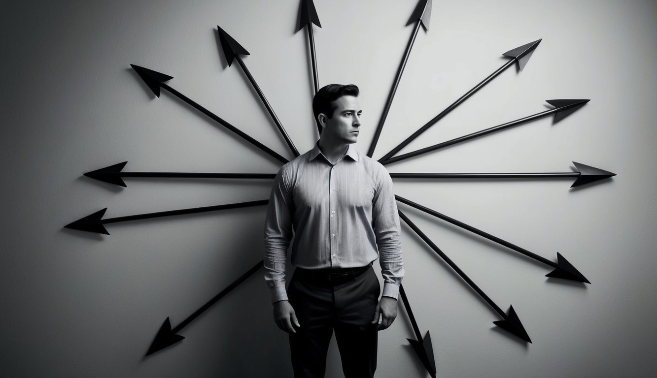 A figure surrounded by arrows pointing in different directions, symbolizing conflicting criticism and influences on behaviorism