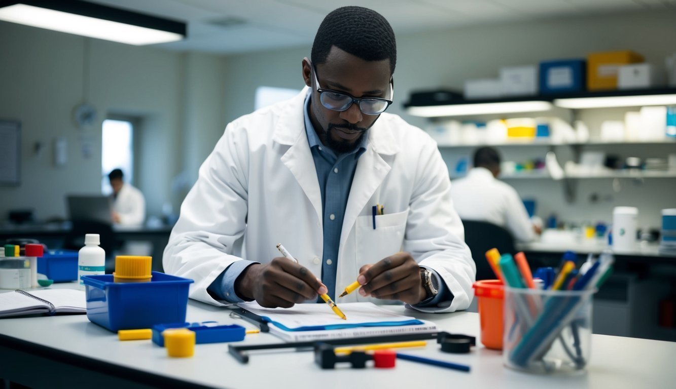 A researcher utilizing various instruments to measure and collect data in a psychology lab