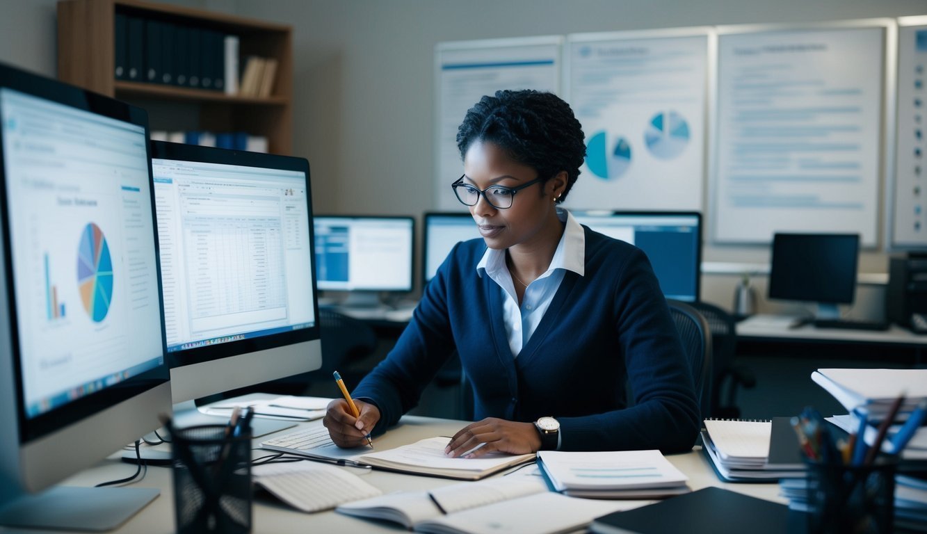 A researcher at a desk surrounded by computers, notebooks, and charts, analyzing data and taking notes in a quiet, focused setting