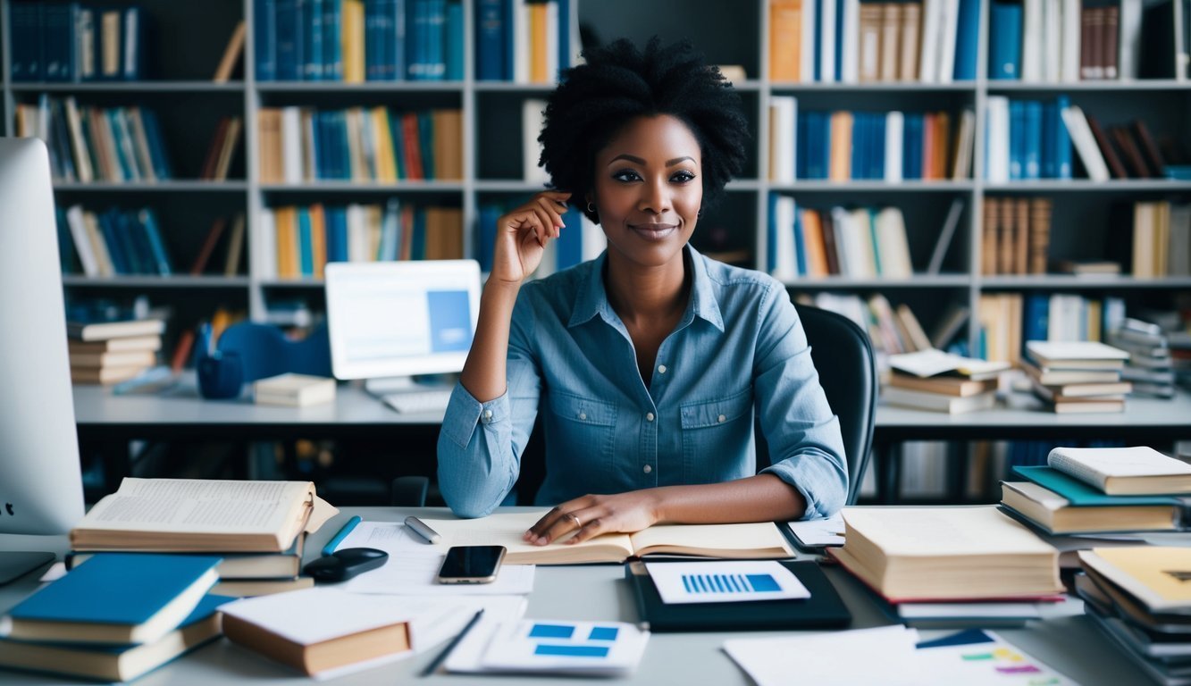 A researcher at a desk surrounded by books, a computer, and various research tools, wearing a contemplative expression