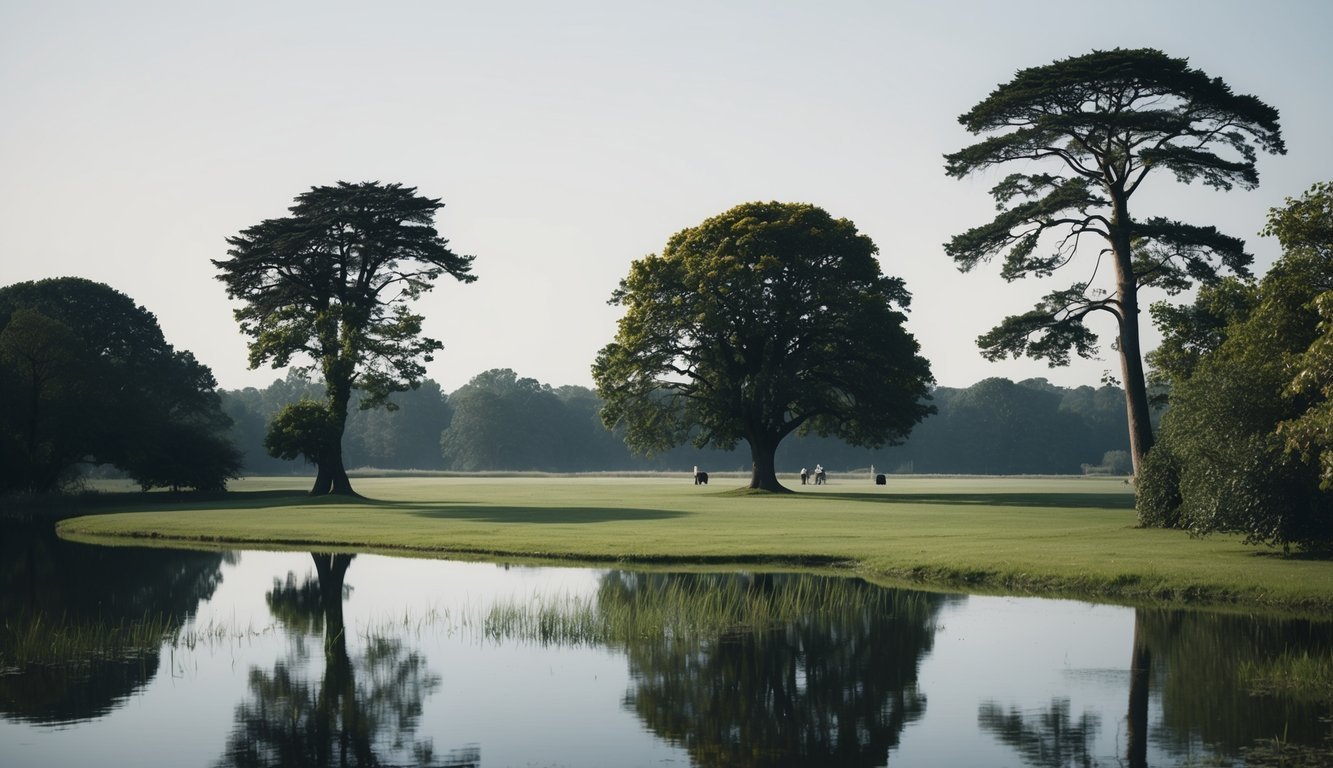 A peaceful environment with a calming, open space and natural elements like trees and water, promoting feelings of peace and serenity