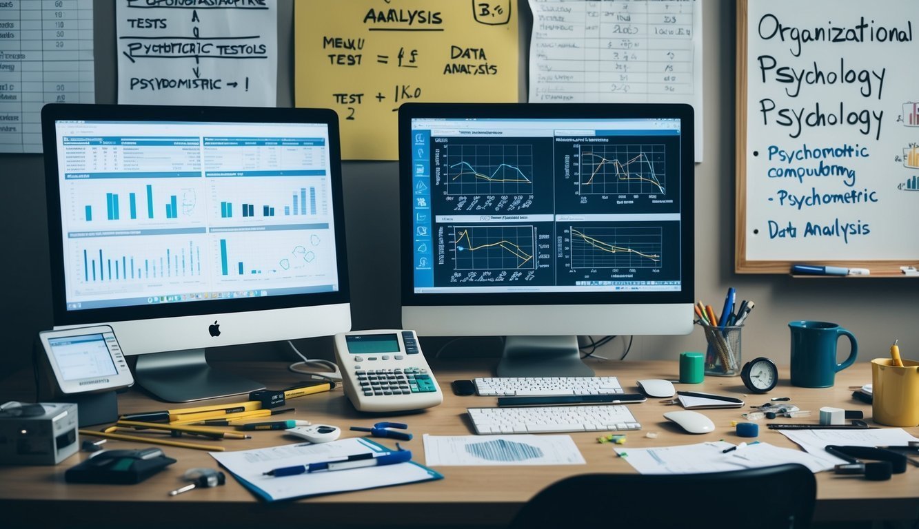 A cluttered desk with various measuring tools and psychometric tests scattered around, a computer displaying data analysis, and a whiteboard with organizational psychology concepts