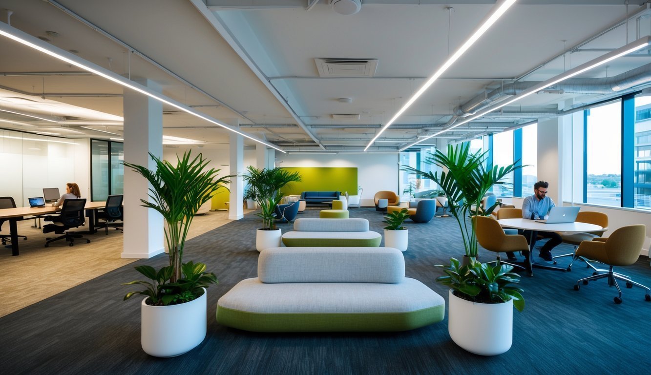 A modern office space with natural lighting, open floor plan, and designated areas for relaxation and collaboration.</p><p>Plants and ergonomic furniture contribute to a positive work environment