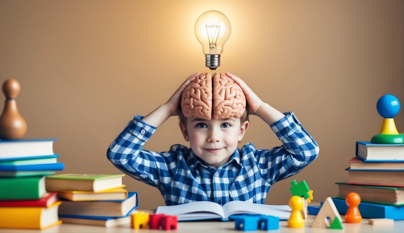 A child's brain surrounded by educational books, puzzles, and toys, with a glowing lightbulb symbolizing cognitive growth and progress