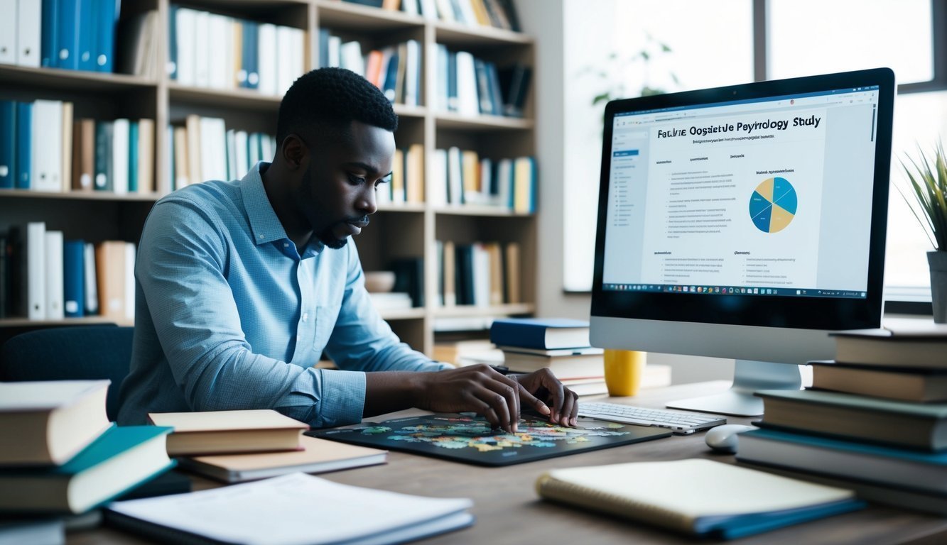 A person solving a complex puzzle, surrounded by books and research materials, with a computer open to a cognitive psychology study