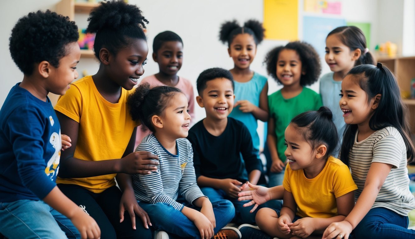 A diverse group of children engaging and interacting in a safe and nurturing environment, displaying a variety of emotions