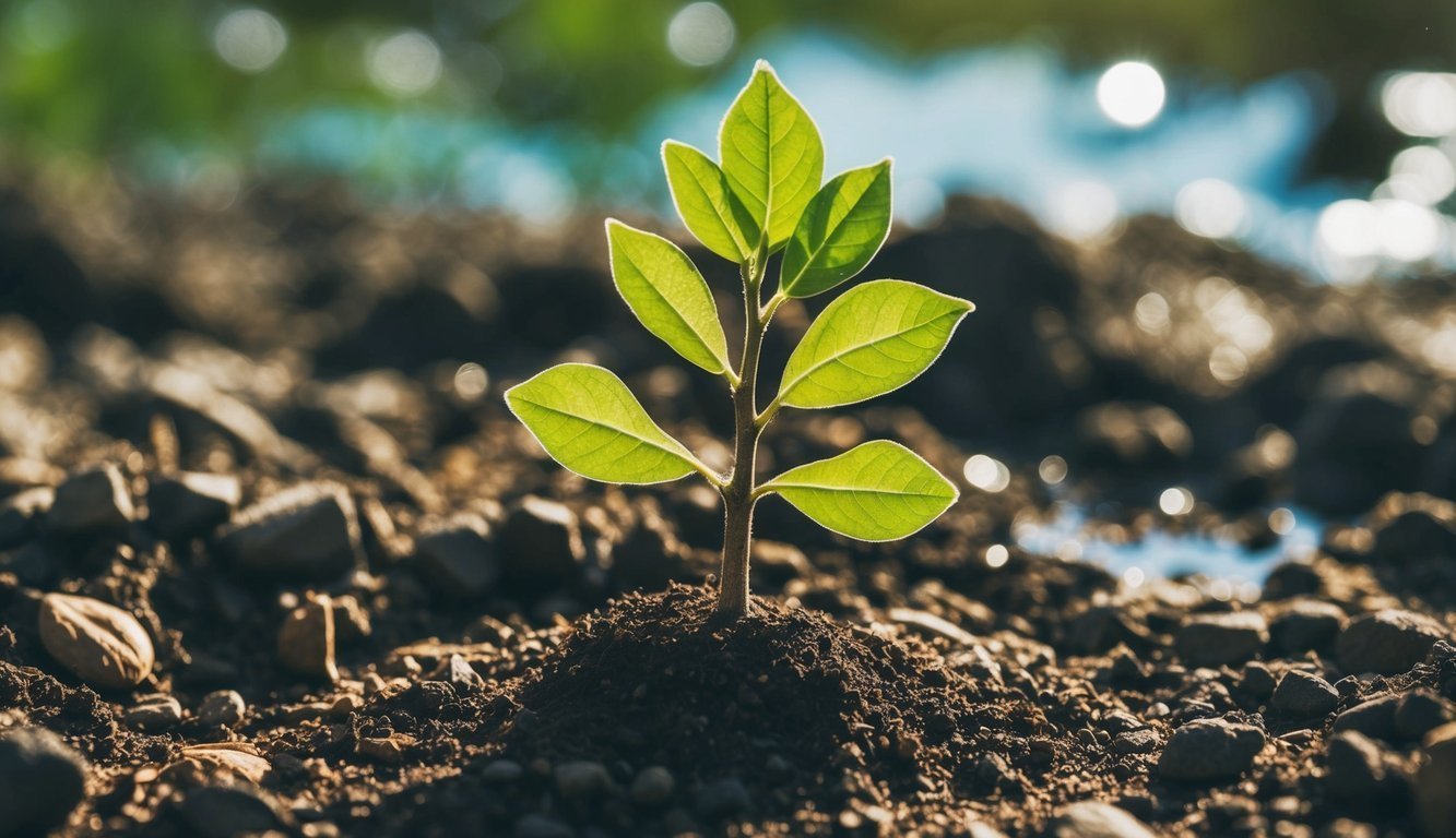 A tree emerging from a tiny seed, surrounded by various environmental elements such as sunlight, water, and soil