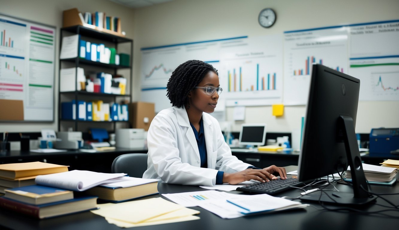 A person conducting research in a lab setting, surrounded by books, papers, and a computer.</p><p>Various charts and graphs are displayed on the walls