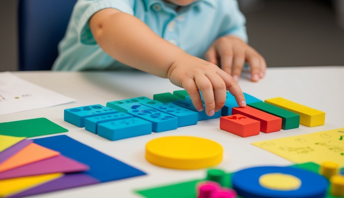 A child's hand reaching towards a vibrant assortment of developmental psychology research resources on a table