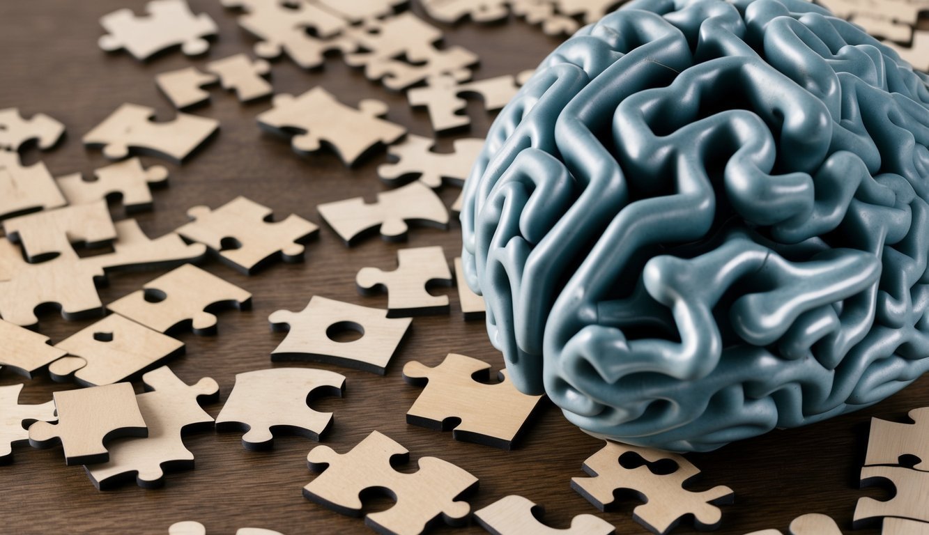 A puzzle with scattered pieces, a maze, and a brain with interconnected pathways