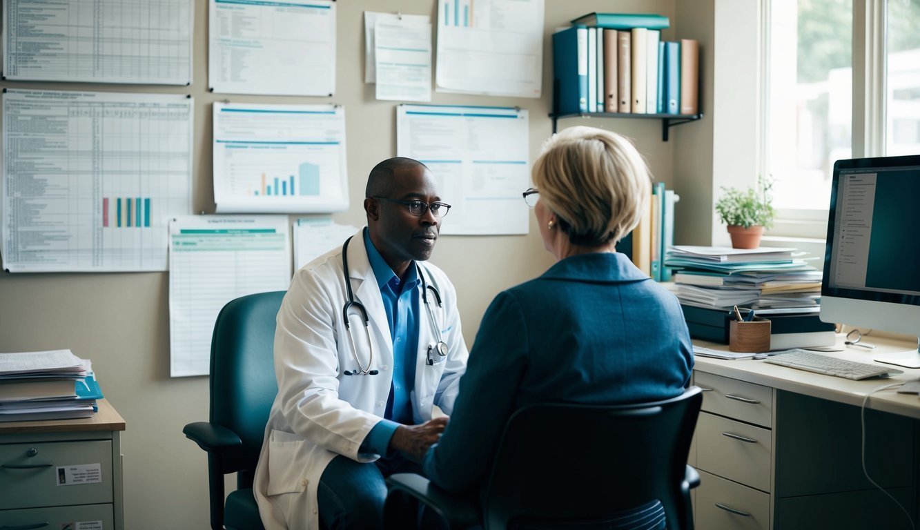 A person sitting in a doctor's office, surrounded by medical charts, books, and a computer.</p><p>The doctor is discussing the biopsychosocial model of health with the patient