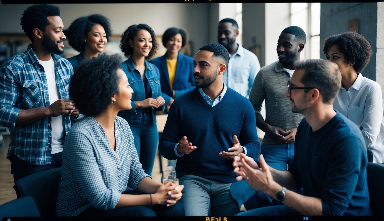 A diverse group engaged in meaningful dialogue and interaction, reflecting different social attitudes and group behaviors