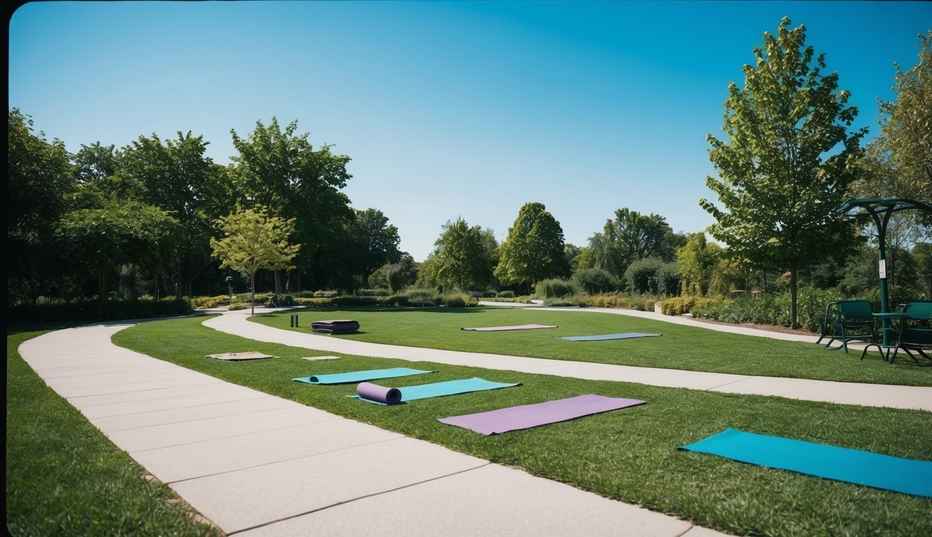 A serene park with a walking path, yoga mats, and exercise equipment surrounded by greenery and a clear blue sky