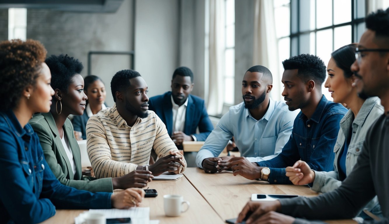 A group of diverse individuals engaged in conversation and nonverbal communication, exhibiting various social behaviors and relational dynamics