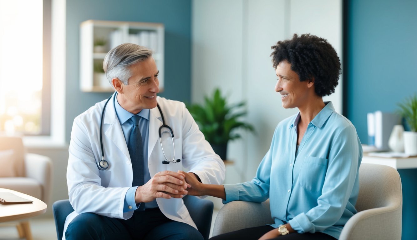 A doctor and patient engage in a therapy session in a modern, comfortable office setting with calming colors and soft lighting