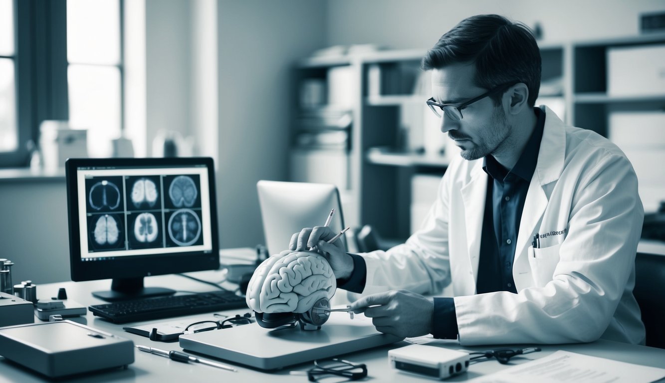 A researcher conducting a neuropsychological test with various brain imaging equipment and diagnostic tools on a desk