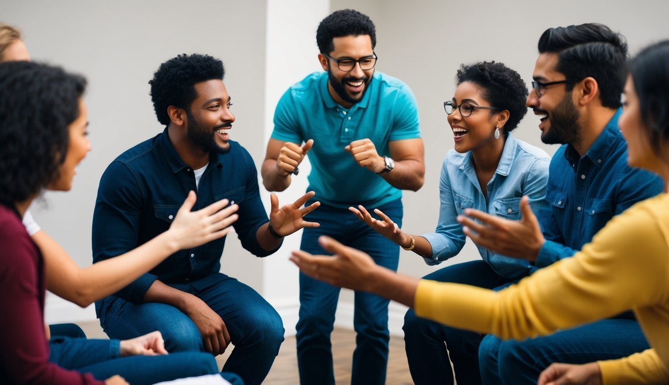 A group of individuals gathered closely, animatedly discussing and gesturing with enthusiasm, reflecting a mix of excitement, curiosity, and connection