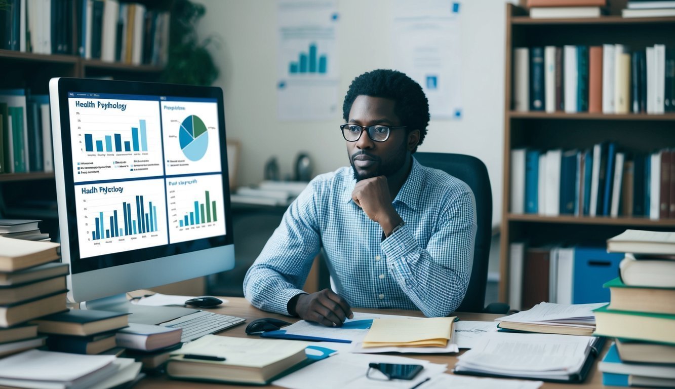 A researcher sits at a desk surrounded by books and papers, deep in thought.</p><p>A computer screen displays graphs and charts related to health psychology