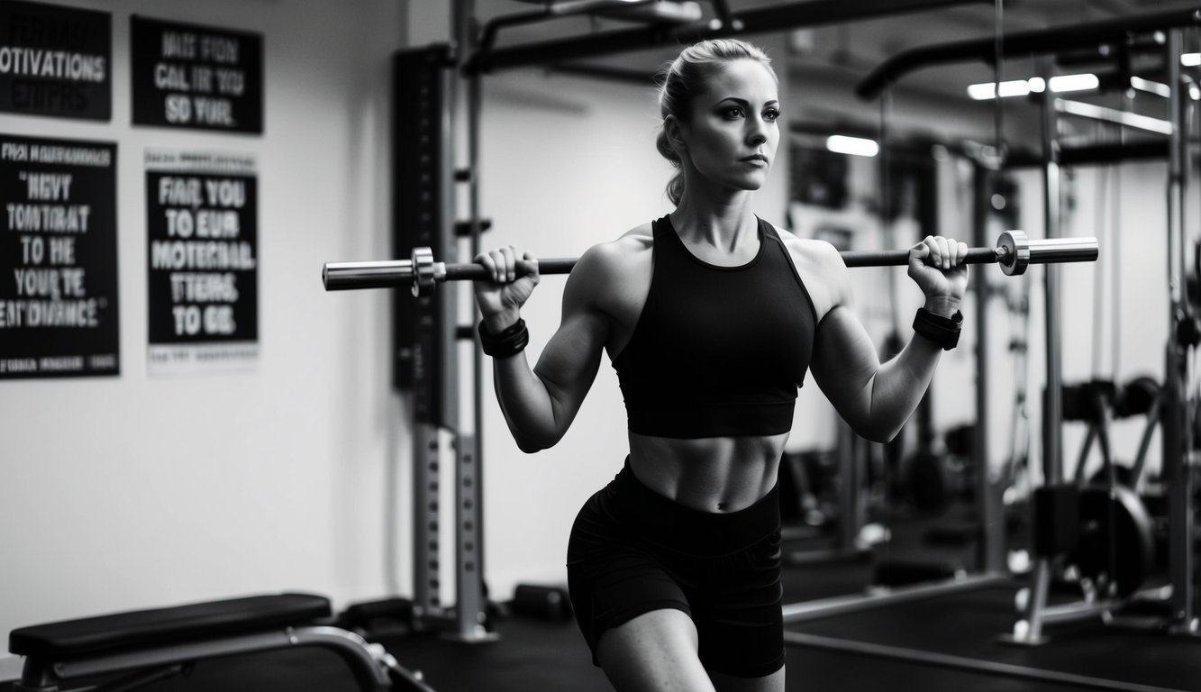 A person exercising in a gym, surrounded by motivational posters and fitness equipment, with a sense of determination and focus